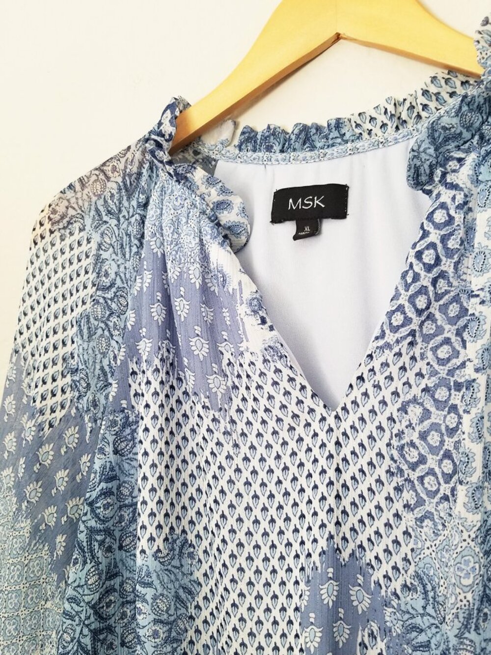 MSK Ruffle V Neck Baby Doll Dress XL Chiffon Patchwork Blue Shimmer Boho Cottage - Picture 8 of 15